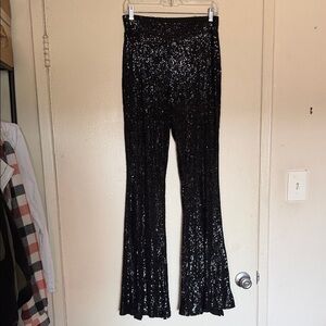 Black Sequin Wide Leg Pants - Women's Glamorous Evening Wear
